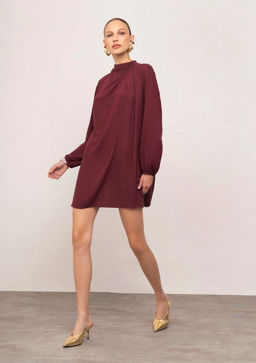 Vestido Iódice Solto Gola Alta Manga Longa Curto Bordo