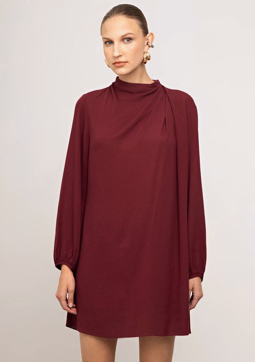 Vestido Iódice Solto Gola Alta Manga Longa Curto Bordo