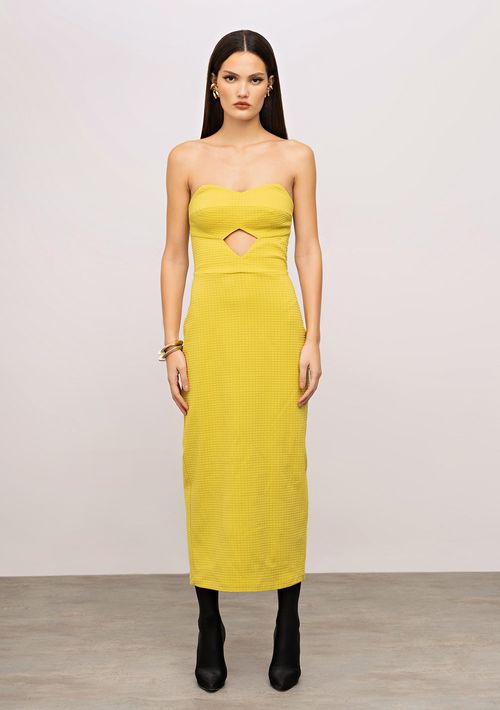 Vestido Iódice Ajustado Decote Reto Sem Manga Midi Amarelo