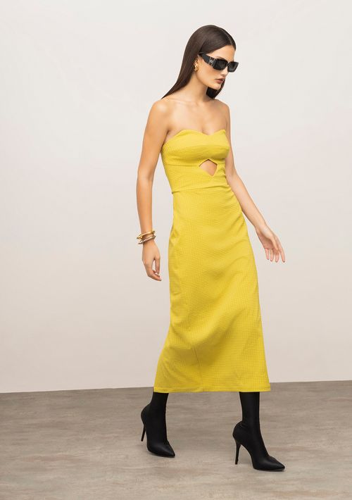 Vestido Iódice Ajustado Decote Reto Sem Manga Midi Amarelo
