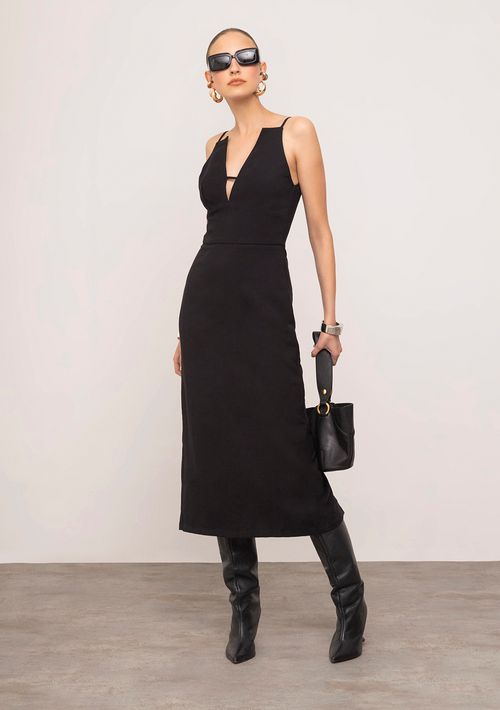 Vestido Iódice Ajustado Decote V Com Alça Midi Preto