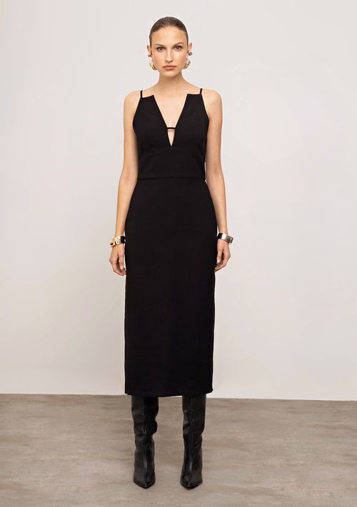 Vestido Iódice Ajustado Decote V Com Alça Midi Preto