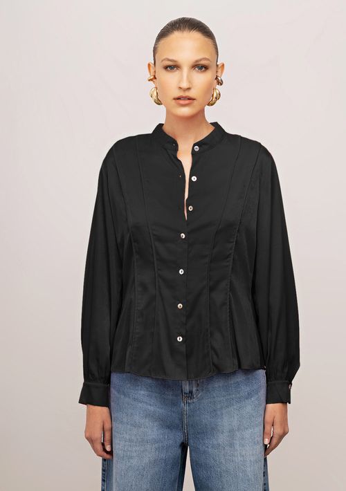 Camisa Iódice Ajustada Gola Padre Manga Longa Padrão Preto