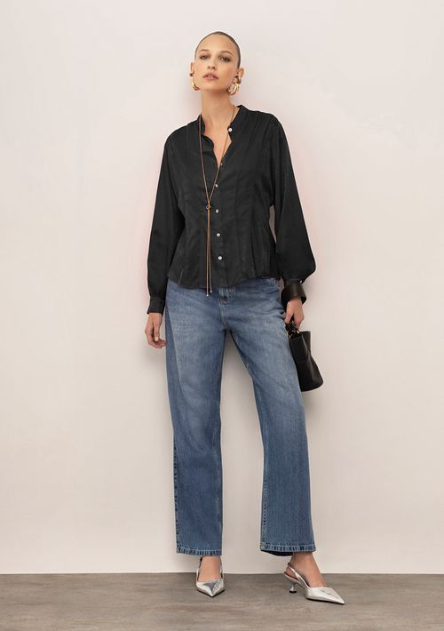Camisa Iódice Ajustada Gola Padre Manga Longa Padrão Preto