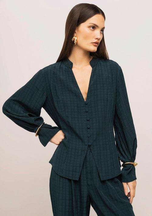 Camisa Iódice Ajustada Decote V Manga Longa Alongada Verde