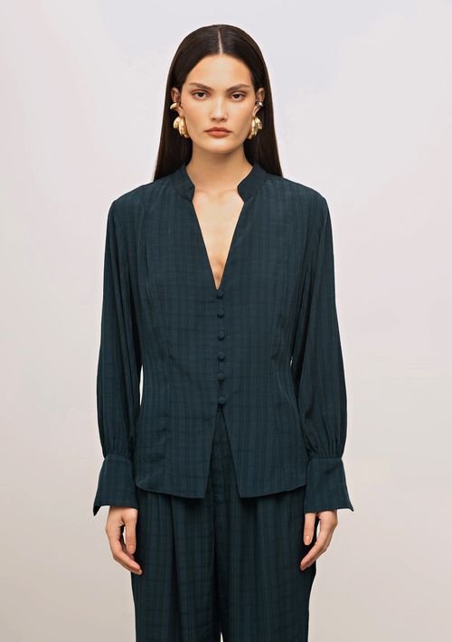 Camisa Iódice Ajustada Decote V Manga Longa Alongada Verde