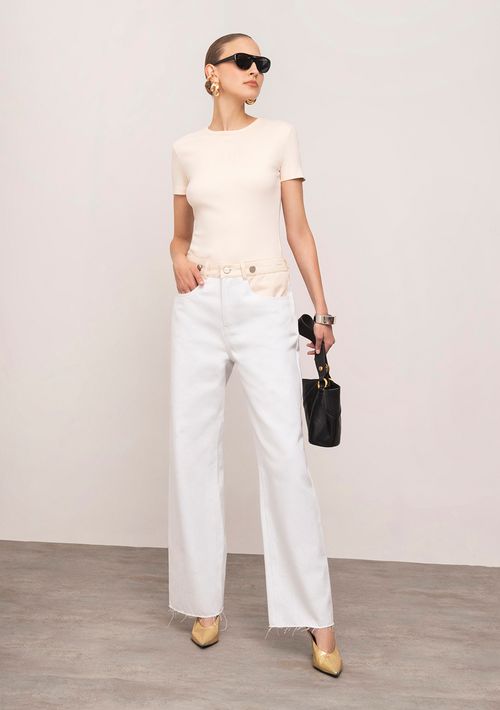 Camiseta Iódice Ajustada Decote Careca Manga Curta Padrão Bege