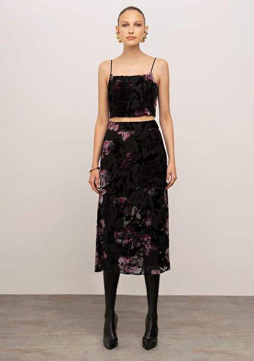 Conjunto Iódice Top Com Alça Saia Midi Cintura Alta Preto