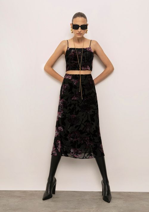 Conjunto Iódice Top Com Alça Saia Midi Cintura Alta Preto