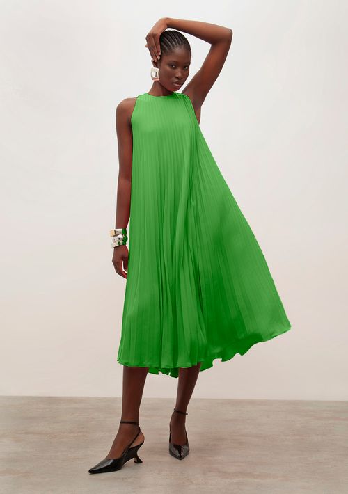 Vestido Iódice Midi Decote Redondo Plissado Verde