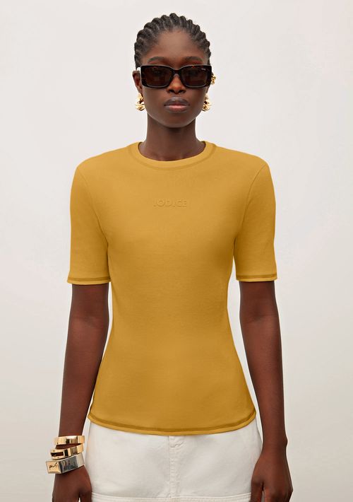 Blusa Iódice Decote Redondo Manga Curta Bordado Frente Marrom
