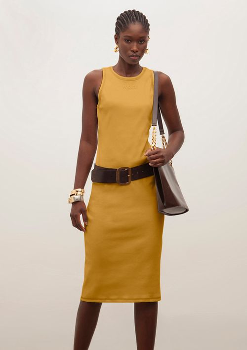 Vestido Iódice Midi Decote Redondo Bordado Marrom