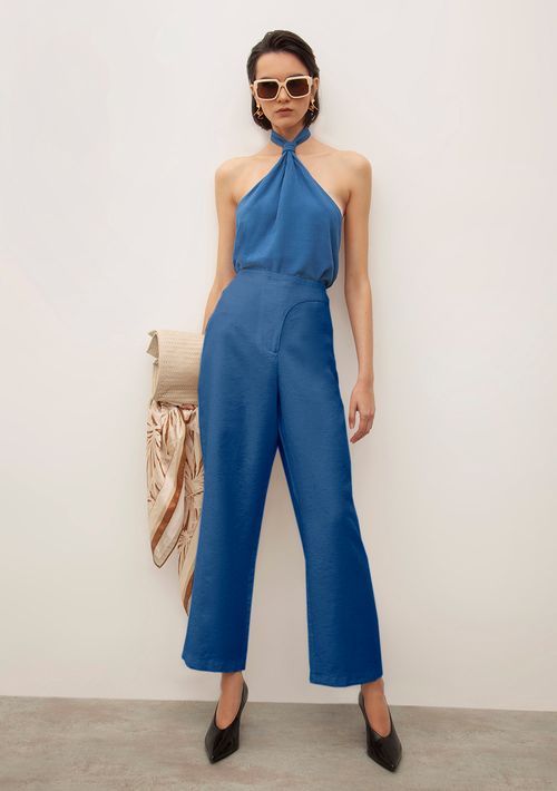 Calça Iódice Reta Cós Alto Com Transpasse Azul