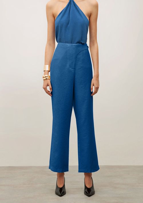 Calça Iódice Reta Cós Alto Com Transpasse Azul