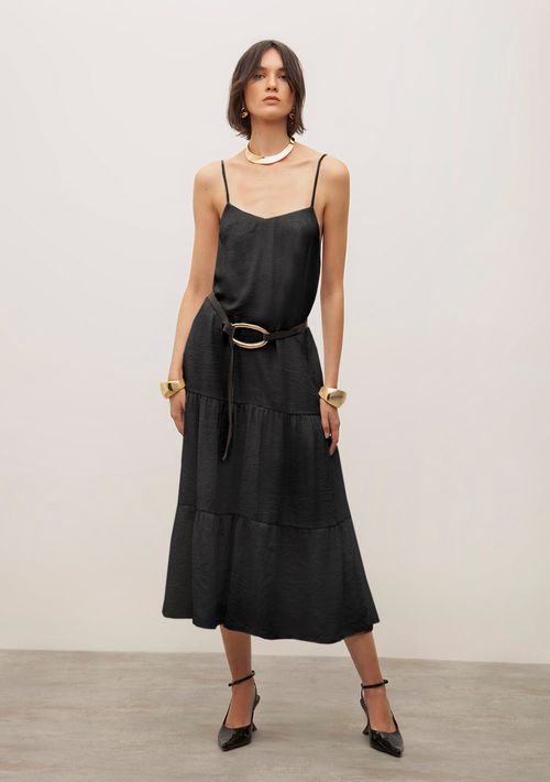 Vestido Iódice Midi Decote V Com Franzido Preto