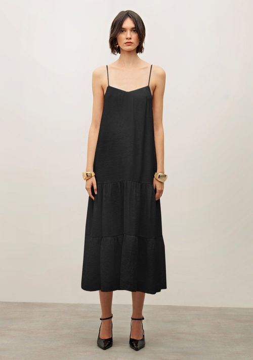 Vestido Iódice Midi Decote V Com Franzido Preto
