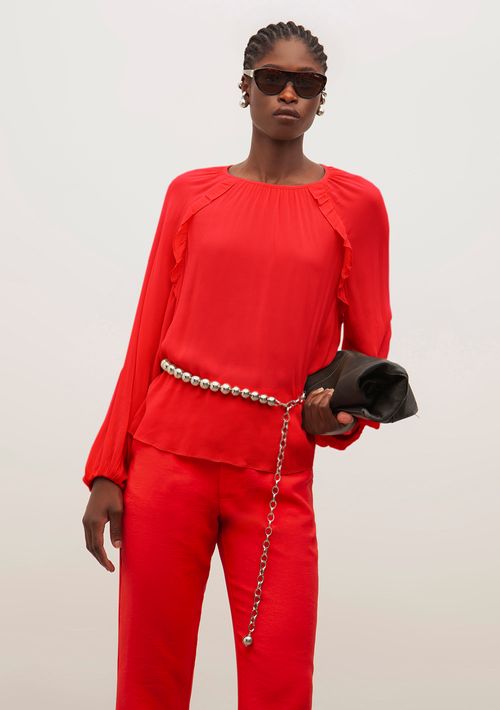 Blusa Iódice Decote Redondo Manga Longa Com Babado Vermelho