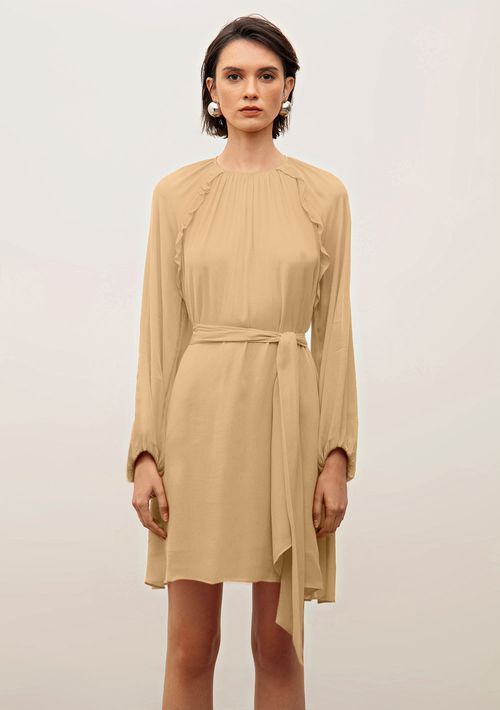 Vestido Iódice Curto Decote Redondo Com Babado Marrom