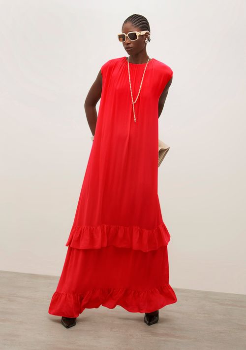 Vestido Iódice Midi Decote Redondo Com Babado Vermelho