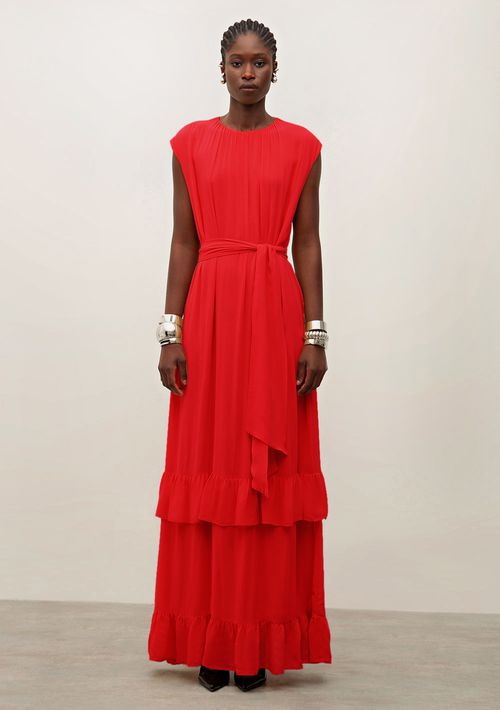Vestido Iódice Midi Decote Redondo Com Babado Vermelho