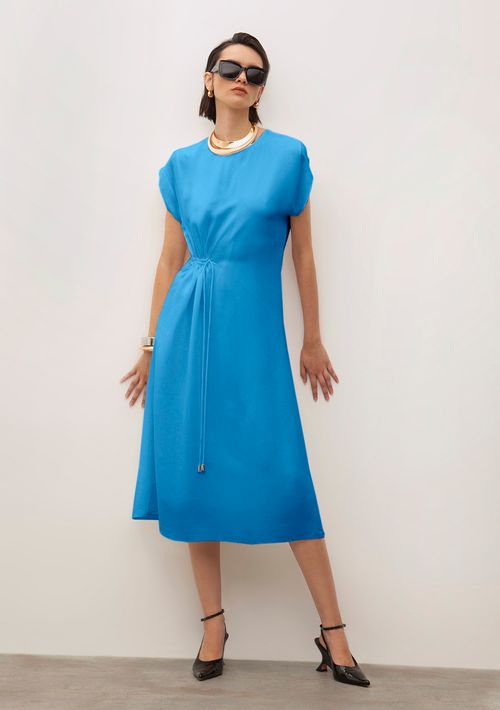 Vestido Iódice Solto Decote Careca Manga Curta Midi Azul