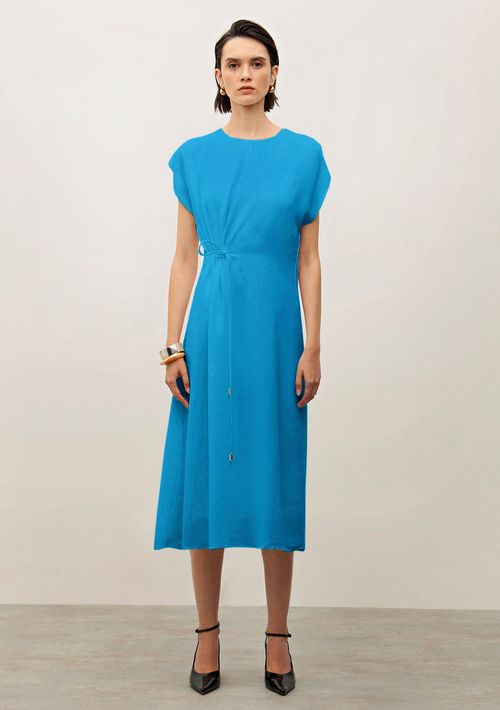Vestido Iódice Solto Decote Careca Manga Curta Midi Azul