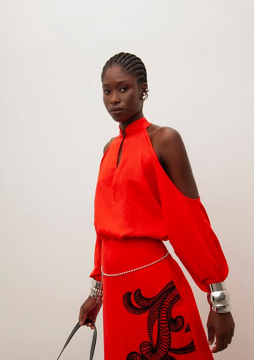 Blusa Iódice Solta Gola Alta Manga Longa Padrão Vermelho