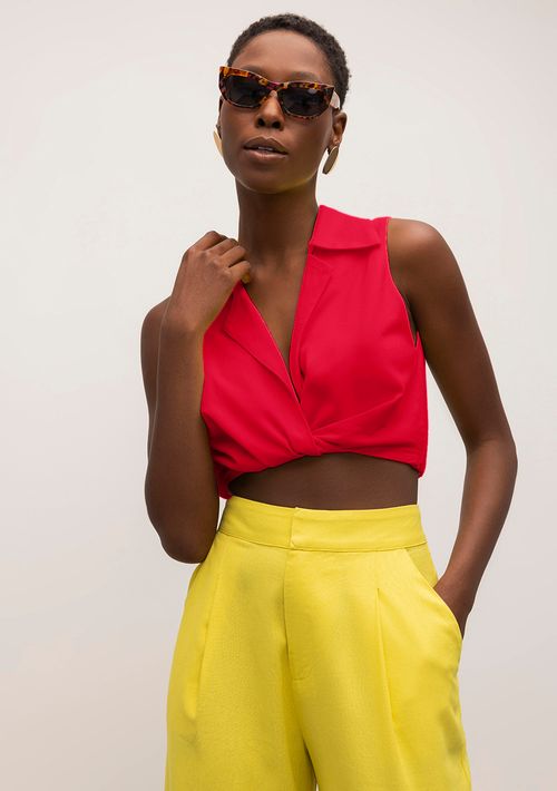 Top Iódice Cropped Sem Manga Detalhe Torção Rosa