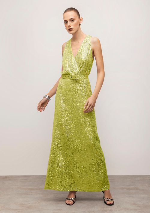 Vestido Iódice Longo Decote V Transpasse Frente Verde Claro