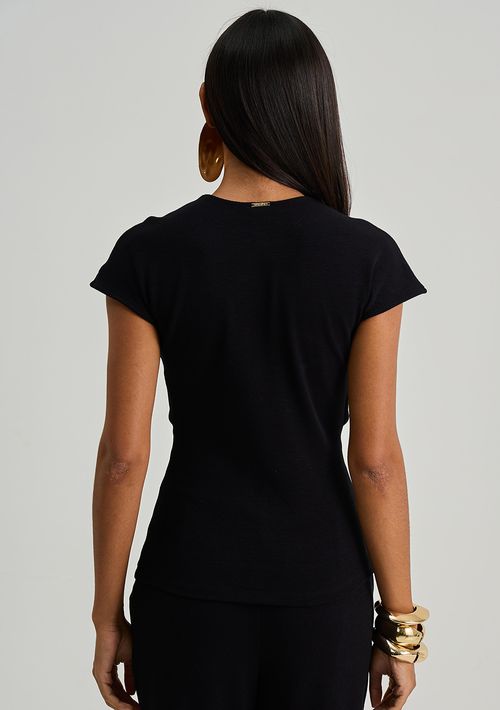 Blusa Iódice Ajustada Decote V Manga Curta Padrão Preto