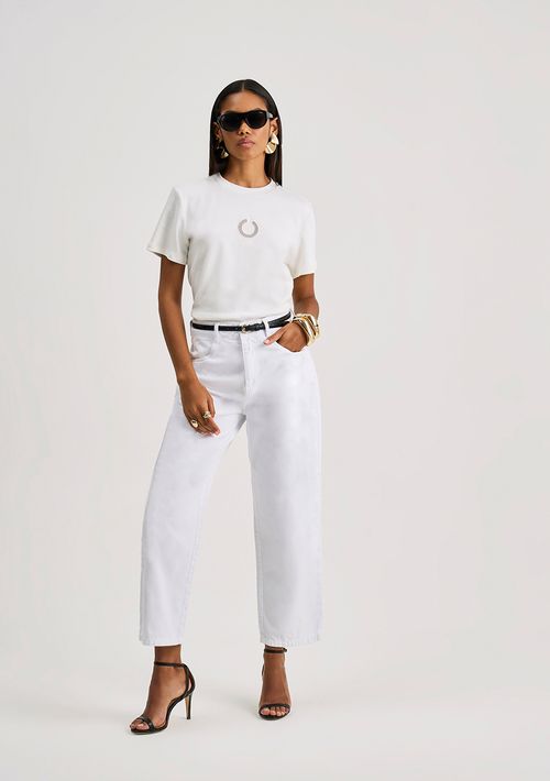 Camiseta Iódice Solta Decote Careca Manga Curta Padrão Off White