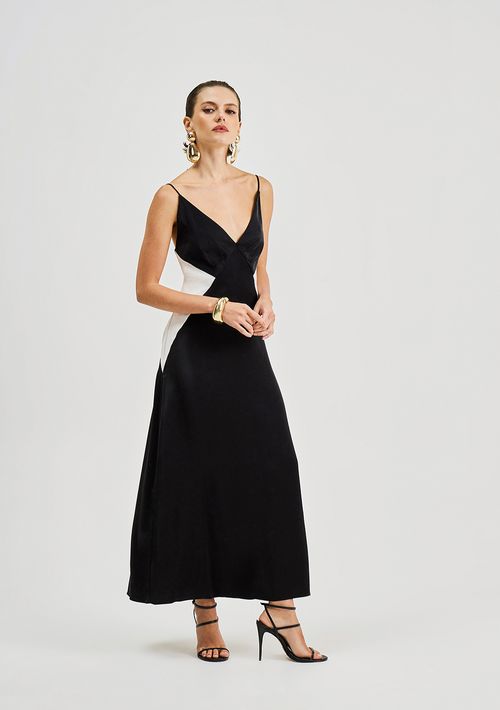 Vestido Iódice Ajustado Decote V Sem Manga Midi Preto