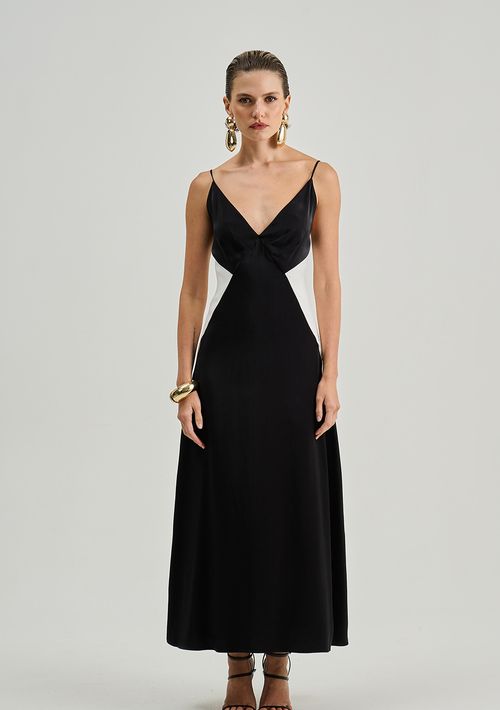 Vestido Iódice Ajustado Decote V Sem Manga Midi Preto