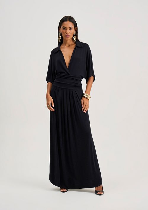 Vestido Iódice Ajustado Decote V Manga Curta Longo Preto