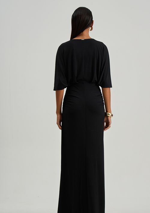 Vestido Iódice Ajustado Decote V Manga Curta Longo Preto