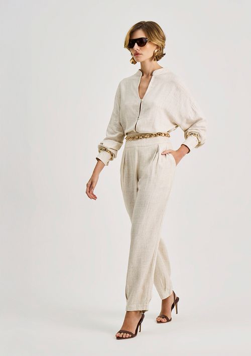 Camisa Iódice Solta Decote V Manga Longa Alongada Off White