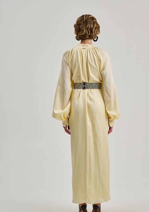 Vestido Iódice Solto Decote V Manga Longa Midi Amarelo