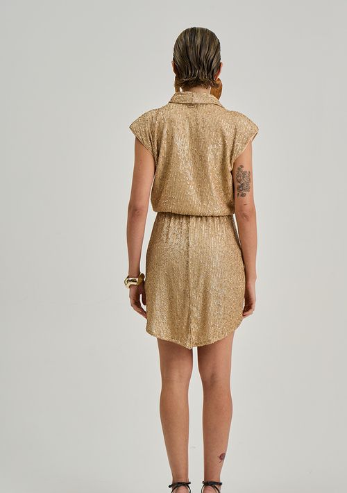 Vestido Iódice Solto Decote Transpassado Sem Manga Curto Dourado