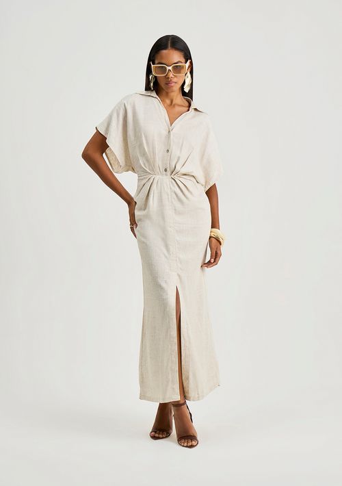 Vestido Iódice Ajustado Decote V Manga Longa Longo Off White