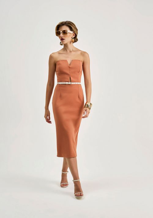 Vestido Iódice Ajustado Decote Reto Com Alça Midi Marrom
