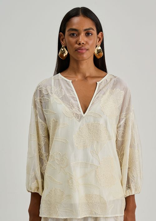 Blusa Iódice Solta Decote V Manga Longa Alongada Off White