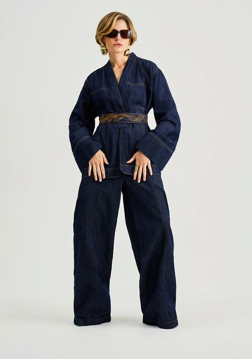 Kimono Iódice Solto Manga Longa Alongado Azul