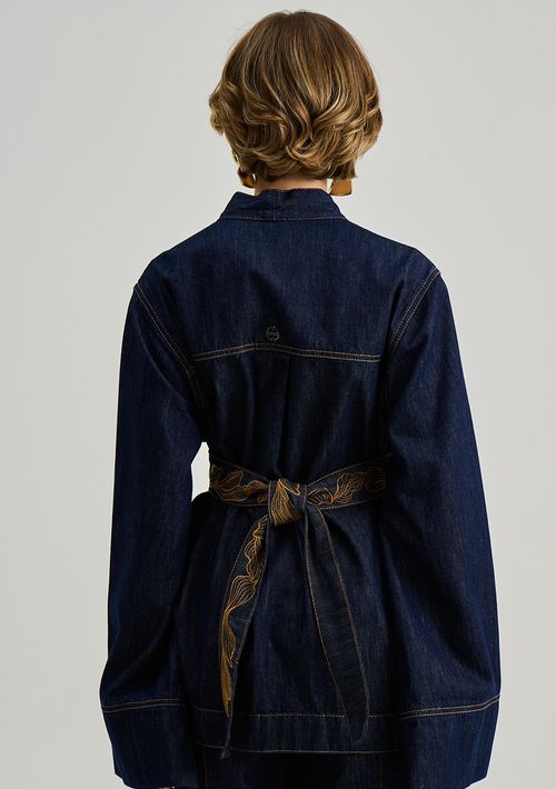 Kimono Iódice Solto Manga Longa Alongado Azul