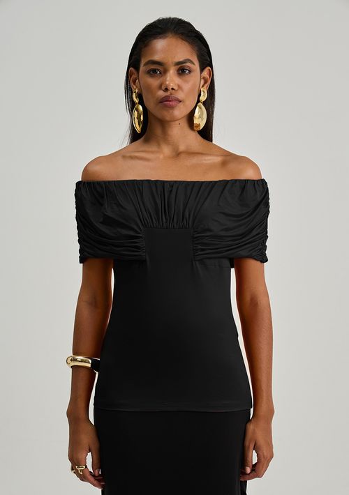 Blusa Iódice Ajustada Ombro A Ombro Manga Curta Padrão Preto