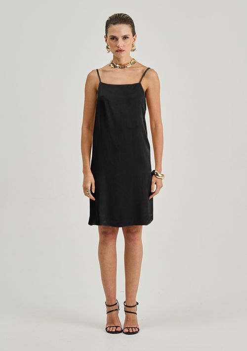 Vestido Iódice Solto Decote Reto Com Alça Curto Preto