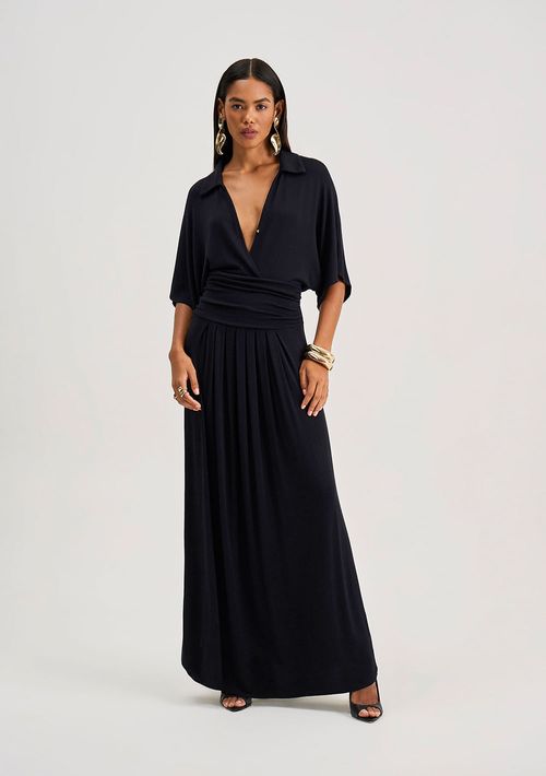 Vestido Iódice Ajustado Decote V Manga Curta Longo Preto