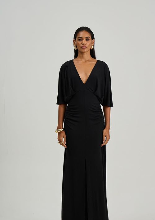 Vestido Iódice Ajustado Decote V Manga Curta Longo Preto