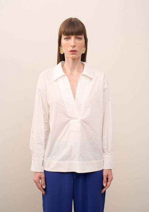Camisa Iódice Solta Decote V Manga Longa Padrão Off White
