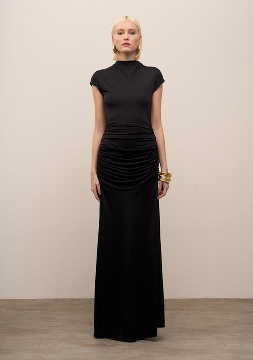 Vestido Iódice Ajustado Gola Alta Manga Curta Longo Preto