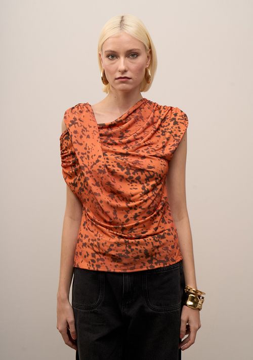 Blusa Iódice Ajustada Um Ombro Só Manga Curta Padrão Laranja